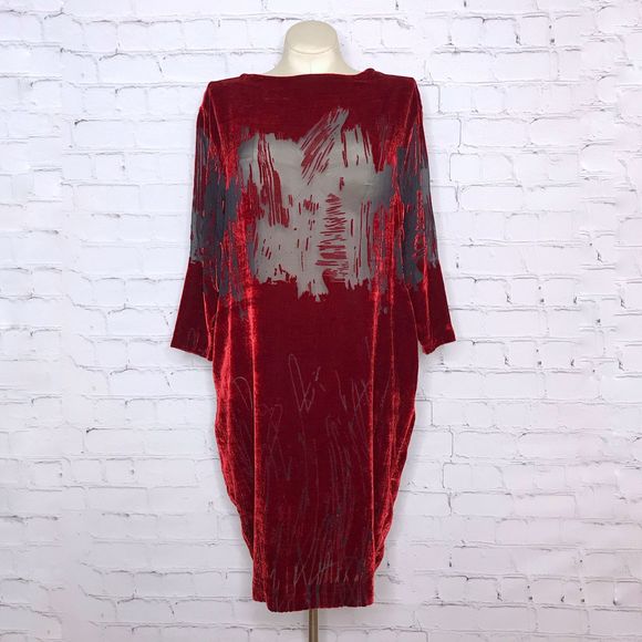Vintage Dresses & Skirts - Vintage 1980's Red Velvet Silk Blend Dress Burnout